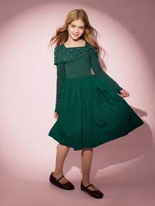 Girls' Elegant Sequin Patchwork Pleated Hem Long Sleeve Knit Dress, Casual Wear For Outing And Party - Dark Green - View 6