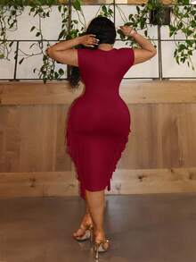 Slaydiva 大码派对优雅纯色修身深V领流苏短袖中长黄色连衣裙，女士款E黑色派对连衣裙，黑色中长连衣裙，女士假日连衣裙，黑色优雅连衣裙 - 酒紅色 - 查看 2