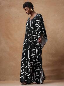 Zivah 2025春夏新品，适合生日派对、宴会、返校、学院风、学生装、日常休闲、百搭基础款、邮轮旅行、潮流、街头风、优雅、通勤、商务休闲等场合，V领七分袖开衩设计，略微宽松版型，蝙蝠袖，黑米色斑马纹印花长款连衣裙，女士连衣裙 - 黑與白 - 查看 3