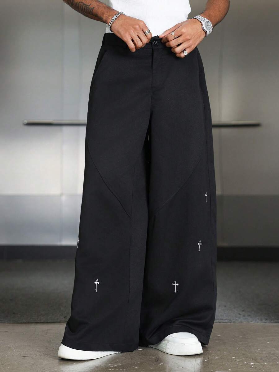 PAVTROS Men's Cross Embroidery Casual Loose Wide Leg Pants - Black - View 1