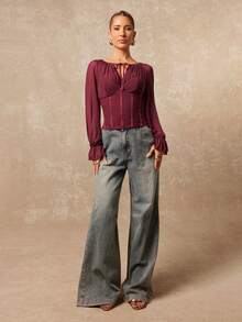 Lumalex Early Spring 1pc Women's Soft Mesh Patchwork Sheer Puff Sleeve Fitted Blouse Luxury NewYearNewLook QuietLuxe Prom Gathering Party Banquet Modest Old Money Coquette Glitter Holiday Party Rave Festival Outing Vacation Hot Outdoor Richly Layered Wedding Season Banquet ID Al-Adha Al-Adha Party New Year Looks Of Party For Autumn - Red Violet - View 9