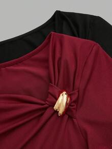 Sweetra T-shirt ajusté à manches courtes avec ourlet asymétrique minimaliste de couleur unie grande taille - Noir - Voir 7