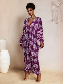 BamGleam Sexig klänning med geometriskt tryck och djup V-ringning för kvinnor, fladdermusärm - Blåröd - Visa 3