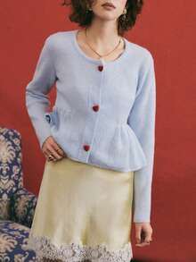 Poéselle Women's Long Sleeve Heart Button Single-Breasted Ruffle Hem Casual Knit Cardigan  Valentine's Day Outfit   Daily & Date Night Essential