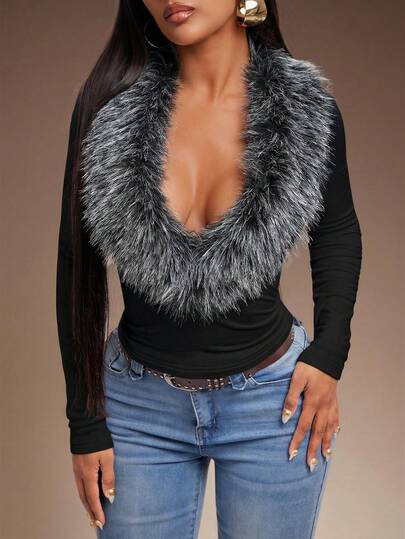 Radiana Women's Sexy Casual Multi-Color Fleece Collar Fitted Long Sleeve T-Shirt, Spring/Summer Knit Undershirt, Retro Y2K Top