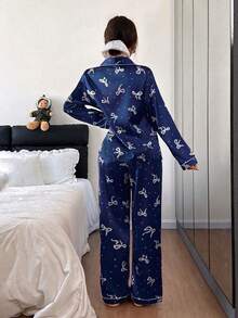 Dream Adore Bộ đồ ngủ dài tay nữ bằng lụa giả họa tiết chấm bi nơ - Màu xanh hải quân - Xem 2