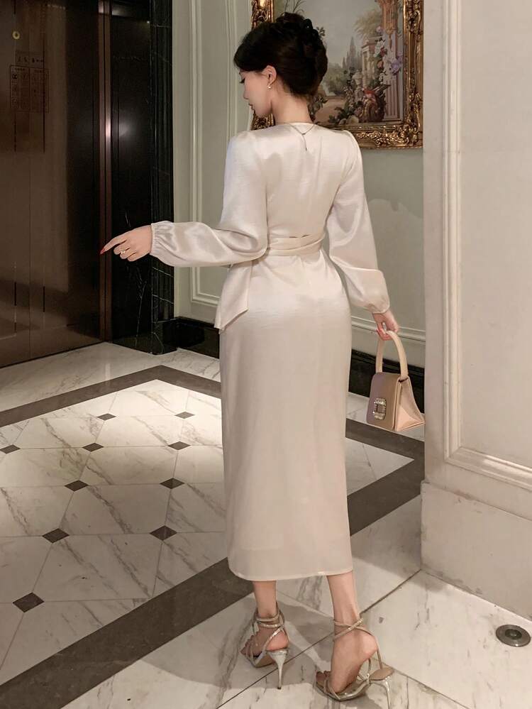 Women's Elegant Solid Color V-Neck Tie Waist Long Dress, Spring/Summer Wedding Guest Dress Sundress