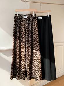 SHEIN EZwear 女士夏季休闲两件套针织运动裤套装，豹纹贴花和纯色松紧腰带 - 彩色 - 查看 2
