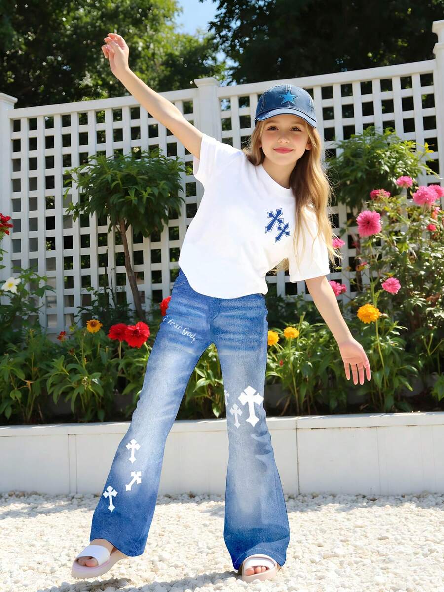 Spring, Summer & Autumn Girls' Casual Fashionable Creative Personalized Fresh Minimalist Cross Denim-Look Letter Graphic Print T-Shirt And Flared Pants 2-Piece Outfit, Comfortable Daily Wear, Suitable For Spring, Summer, Autumn Medium Wash Blue Jeans Fashion Print Jeans Loose Flare Leg Jeans Tween Girls Flare Leg Jeans Girls Bell Bottom Jeans