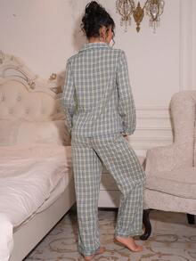 Lazeform 格子翻领长袖上衣和长裤睡衣套装，舒适优雅的细节设计，秋冬服装 - 灰色 - 查看 2