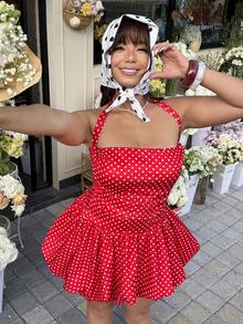 SHEIN EZwear 大码女式波点印花褶皱荷叶边露背时尚连衣裙 - 紅色 - 查看 6