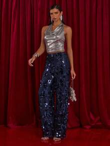 Glamine 高腰亮片阔腿米色长裤，适合节日派对服装、成人服装、女士优雅装扮、约会之夜阔腿裤、亮片女裤。 - 藏蓝色 - 查看 4