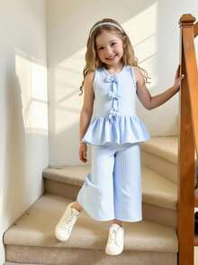 SHEIN Genkimix Kids 2 件套女童休闲套装 - 条纹蝴蝶结装饰荷叶边下摆吊带背心和裤子 - 彩色 - 查看 8