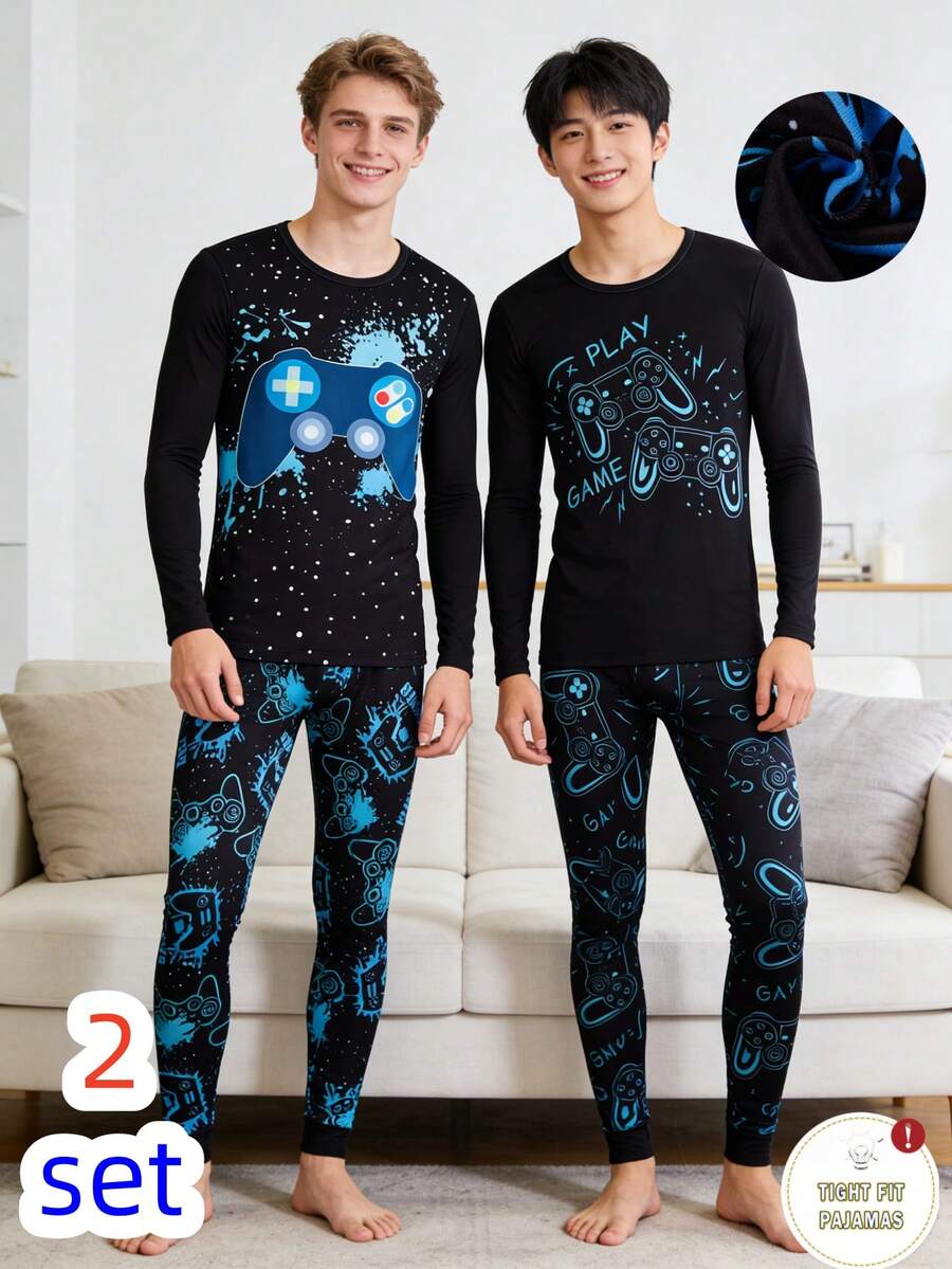 两件套运动风青少年男童修身睡衣,上衣印有足球和游戏手柄图案,裤子饰有相同元素图案,采用弹力针织面料,光滑亲肤,修身剪裁,适合休闲穿着和轻度活动,展现青春活力时尚感。 - 彩色 - 查看 1