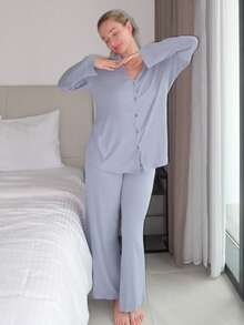 Turnttoni Leisure Women's Long Sleeve Solid Color Shirt And Pants Casual Comfortable Home Lounge Outfit Set Holiday Season, Fall Winter Clothes Cozy And Elegant Details - Dusty Blue - View 4