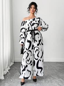 SHEIN Elenzya Plus Size Contrast Color Print Asymmetric Shoulder Jumpsuit - Black and White - View 7
