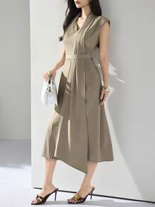 Heiryn New Design Asymmetrical Ribbon V-Neck Cinched Waist Elegant Commuter Dress - Khaki - View 1