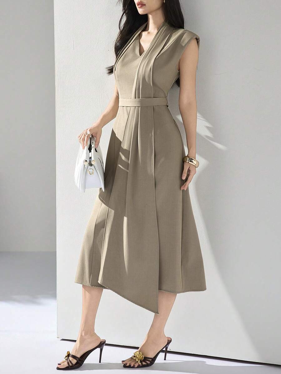 Heiryn New Design Asymmetrical Ribbon V-Neck Cinched Waist Elegant Commuter Dress - Khaki - View 1