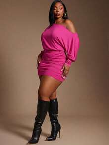 Radiana Este vestido mini asimétrico de hombros descubiertos en color fucsia es de talla grande y versátil, adecuado para uso diario, citas, té de la tarde, reuniones con amigos y diversas otras ocasiones. También se puede usar como vestido de noche, atuendo de otoño/invierno, top de invitada a una boda de otoño, top elegante y sofisticado, ocasión formal, estilo Y2K, fiesta de cumpleaños u salida. Talla grande, estilo básico. - Rosa Fucsia - Ver 5