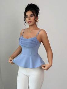 SHEIN PETITE 无袖荷叶领收腰优雅浪漫女士背心 - 霧霾藍 - 查看 3