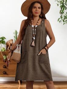 EMERY ROSE Đầm nữ cỡ lớn mùa hè kiểu dáng thường ngày, màu trơn, cổ tròn, phối túi, dáng rộng. - màu nâu - Xem 6