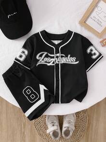 SHEIN Playful Pals Baby Boy Fashion Street Sports Baseball Jacket, Football Jersey, Basketball Jersey Style Jacket & Shorts Set, Baby Sports Outfit, Spring/Summer Set Baby Street Wear Baby Basketball Jersey Baby Boy Clothes Letterman Los Angeles Baby Boy Jersey Toddler Baseball Outfit - Black and White - View 3