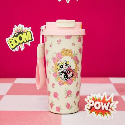THE POWERPUFF GIRLS X Joivida Cốc cà phê/bình nước 17.2oz (khoảng 570ml) có quai xách, cách nhiệt chân không bằng thép không gỉ, nắp chống rò rỉ, thích hợp cho đồ uống nóng/lạnh, phù hợp với hầu hết các loại giá đỡ cốc.