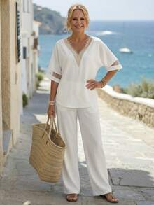 Faunlyn Women's Autumn Long Sleeve Shirt And Wide Leg Pants Set - White - View 3