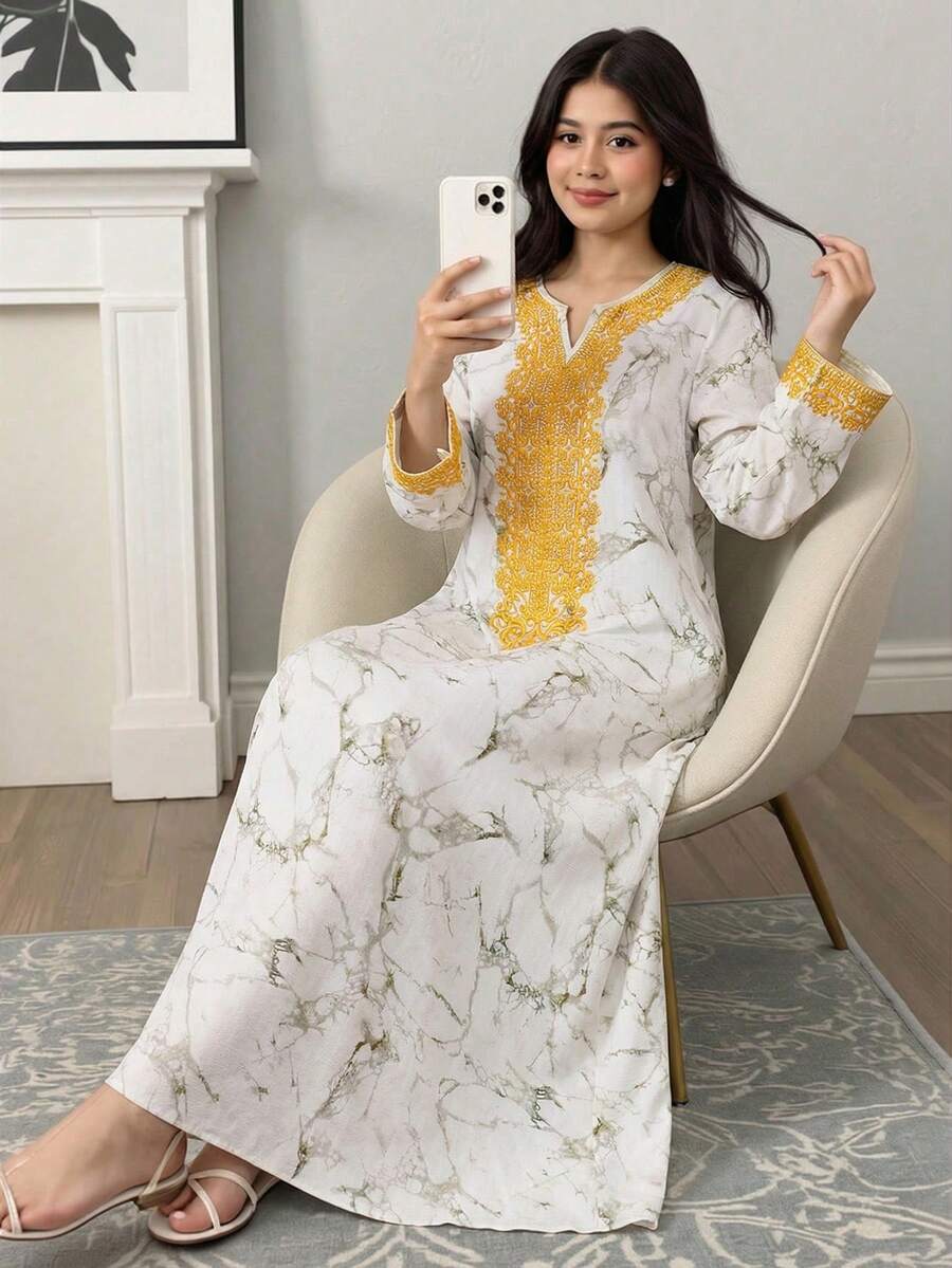 Teen Girl Elegant Geometric Pattern Floral Print Notch Neck Long Sleeve Long Maxi Dress - Multicolor - View 1