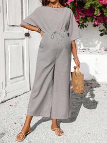SHEIN Maternity Striped Round Neck Drop Shoulder Waist Tie Wide Leg Casual Jumpsuit - Multicolor - View 4