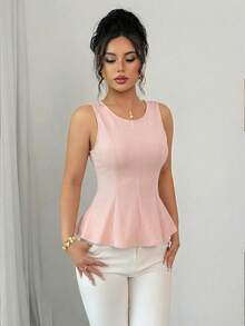 SHEIN Elenzya Sleeveless Round Neck Ruffle Hem Elegant Romantic Delicate Women Tank Top - Coral Pink - View 4