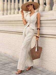 Editum Bộ đồ nữ gồm áo khoác cardigan không tay cổ chữ V và quần ống đứng, chất liệu vải tweed kaki thanh lịch, phù hợp mặc hàng ngày, đi làm, thời trang mùa thu, đông, đầu xuân. Áo khoác không tay, chất liệu vải giống như vải lanh, quần ống đứng, bộ hai mảnh cho mùa xuân/hè, phù hợp đi làm. Áo khoác và quần lanh, bộ đồ lanh nữ, trang phục lanh, bộ đồ mùa hè, bộ hai mảnh lanh. - Màu Khaki - Xem 3