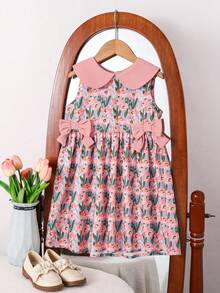 SHEIN Kids Sleeveless A Line Flared Peter Pan Collar Short Dress With Plant Pattern And Bows,Kids - Pink - View 3