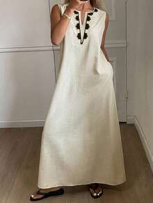 DAZY Women's Summer Embroidered Sleeveless V-Neck Long Sleeve Mid-Length Dress Linen