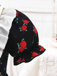 SHEIN 女婴碎花拼接蕾丝边蝴蝶结装饰泡泡袖连衣裙+迷你背包，优雅时尚可爱日常穿搭 - 彩色 - 查看 5