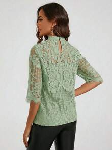 Amorya Women's Spring Stand Collar Lace Top - Mint Green - View 2