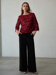 MOTF PREMIUM SEQUIN TASSEL FLARE SLEEVE PARTY TOP - Red - View 4