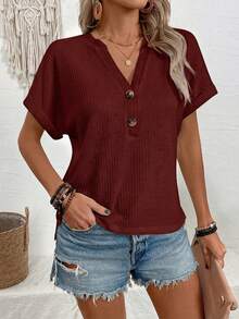 Lymera Women's Casual Everyday Commute Solid Color Waffle Fabric Notched Neck Button Loose T-Shirt, Summer - Burgundy - View 5