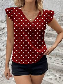 SHEIN Clasi Áo sơ mi ngắn tay nữ kiểu dáng tối giản, màu đỏ đậm với họa tiết chấm bi trắng khắp thân áo, đa năng, phù hợp cho mùa xuân/hè. - Nhiều màu - Xem 6
