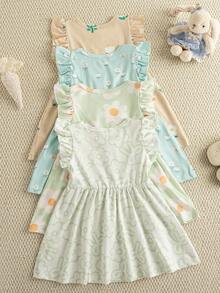 Souflis Souflis 4件套法式碎花印花女婴/幼儿可爱花朵短袖荷叶边连衣裙，夏季 - 彩色 - 查看 3