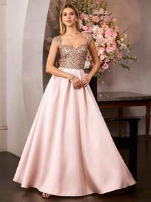 MOTF Soiréza WOMEN ELEGANT FORM-FITTING SHORT SLEEVE SWEETHEART NECKLINE MAXI PARTY GOWN, SEQUIN FABRIC SPLICED WITH SATIN OVERSIZED HEM DRESS,PERFECT FOR WEDDINGS, GALAS & FESTIVE EVENINGS