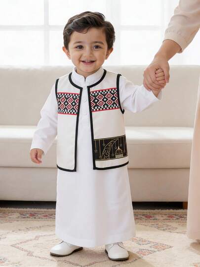 SHEIN 2-delat geometriskt mönster linne och långärmad tröja för babypojke, lämpligt för formella tillfällen, födelsedagsfest, rave, kvällsfest, framträdande, bröllop, babyshower och 1-årsdagsfirande