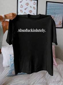 INAWLY Plus Size Casual Loose Letter Printed Short Sleeve T-Shirt Fall Cloth For Women - Black - View 1