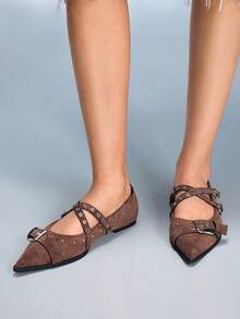 CUCCOO GRLICON Women's Fashion Versatile Commuter Buckle Pointed Toe Flats Valentine's Day - Coffee Brown - View 5