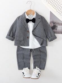 Bộ đồ vest Houndstooth 2 món cho bé trai - Áo khoác ve áo cài một hàng khuy + Quần dài cùng màu, Phong cách Anh cổ điển, Thích hợp cho tiệc sinh nhật, lễ cưới, lễ rửa tội, năm mới, trang phục trẻ em, quần áo bé trai, bộ đồ bé trai, bộ đồ bé trai, bộ đồ bé trai - Xám - Xem 3