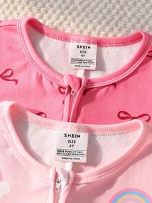 2件套女婴时尚甜美彩虹蝴蝶结设计舒适长袖连体睡衣套装，女婴休闲拉链前开襟贴身连体睡衣 - 粉色 - 查看 5