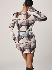 Missguided x Playboy Đầm ngắn tay dài bằng vải lưới in họa tiết bìa tạp chí. - Nhiều màu - Xem 2