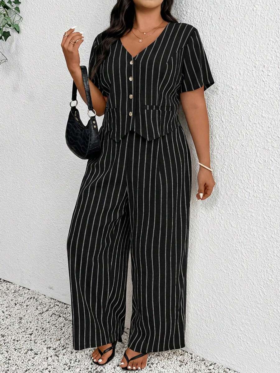 SHEIN Frenchy 大码春夏休闲简约百搭条纹两件套西装，女士西装外套+长裤，秋冬皆宜 - 黑色 - 查看 1