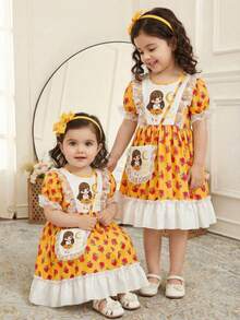 Baby Girl Yellow Summer Cute Family Matching Middle Eastern Traditional Short Puff Sleeve Lace Trim Princess Party Midi Dress With Sling Bag Abaya - Multicolor - View 9