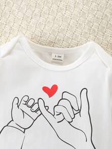 SHEIN Newborn Baby Simple English Letter Print Long Sleeve Footed Romper Jumpsuit, Black Background - White - View 3